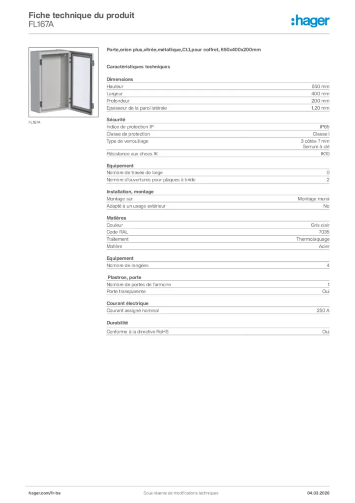 Image Hager Fiche technique du produit FL167A | Hager Belgique