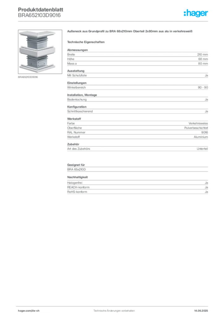 Bild Hager Produktdatenblatt BRA652103D9016 | Hager Schweiz