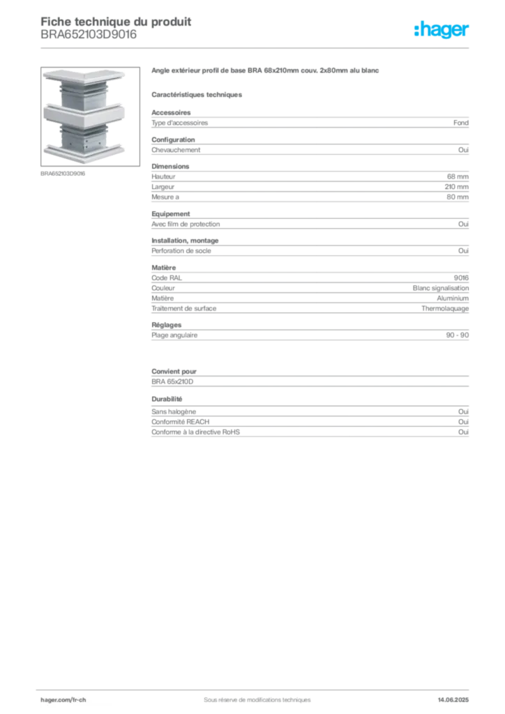 Image Hager Fiche technique du produit BRA652103D9016 | Hager Suisse