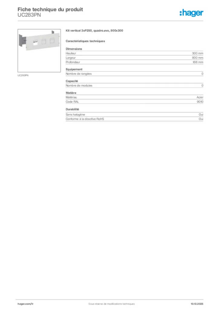 Image Hager Fiche technique du produit UC283PN | Hager France