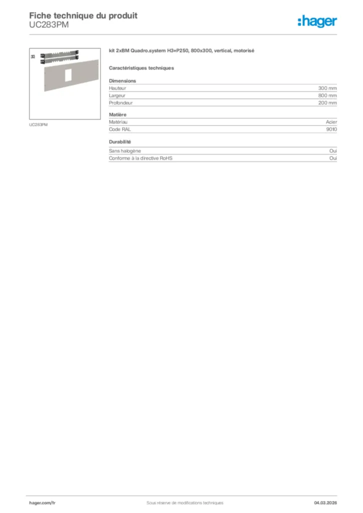 Image Hager Fiche technique du produit UC283PM | Hager France