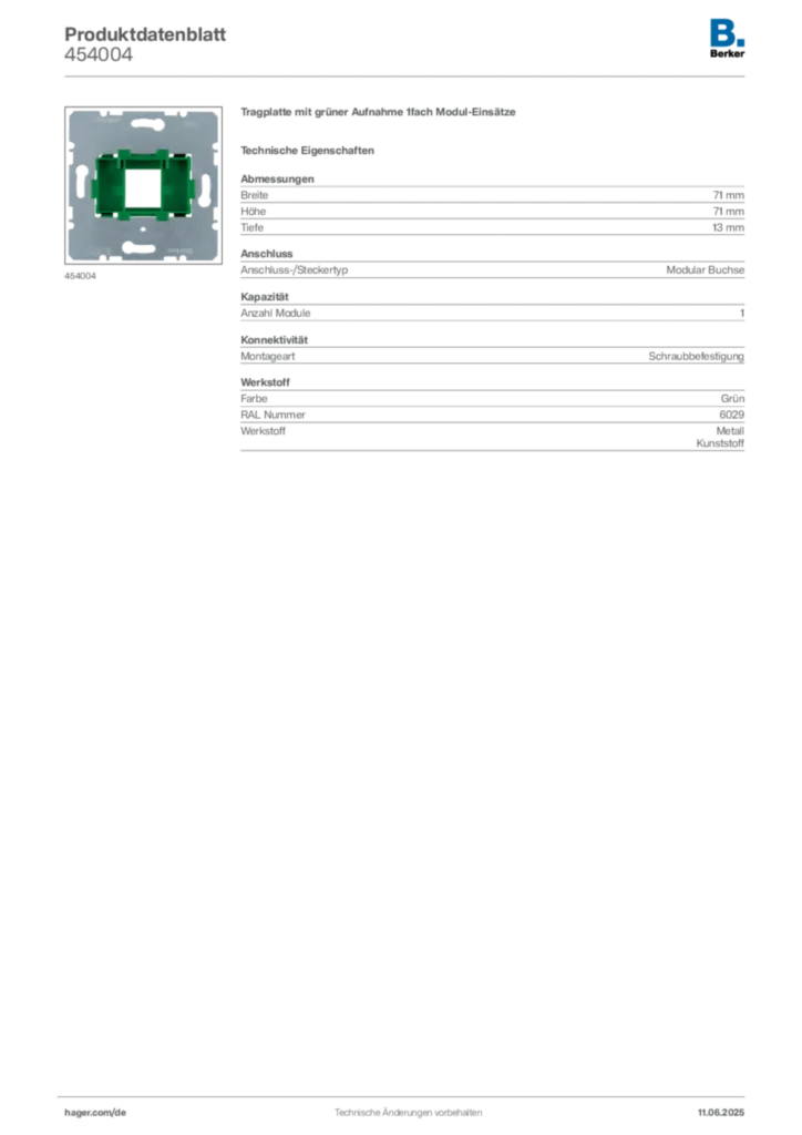 Bild Berker Produktdatenblatt 454004 | Hager Deutschland