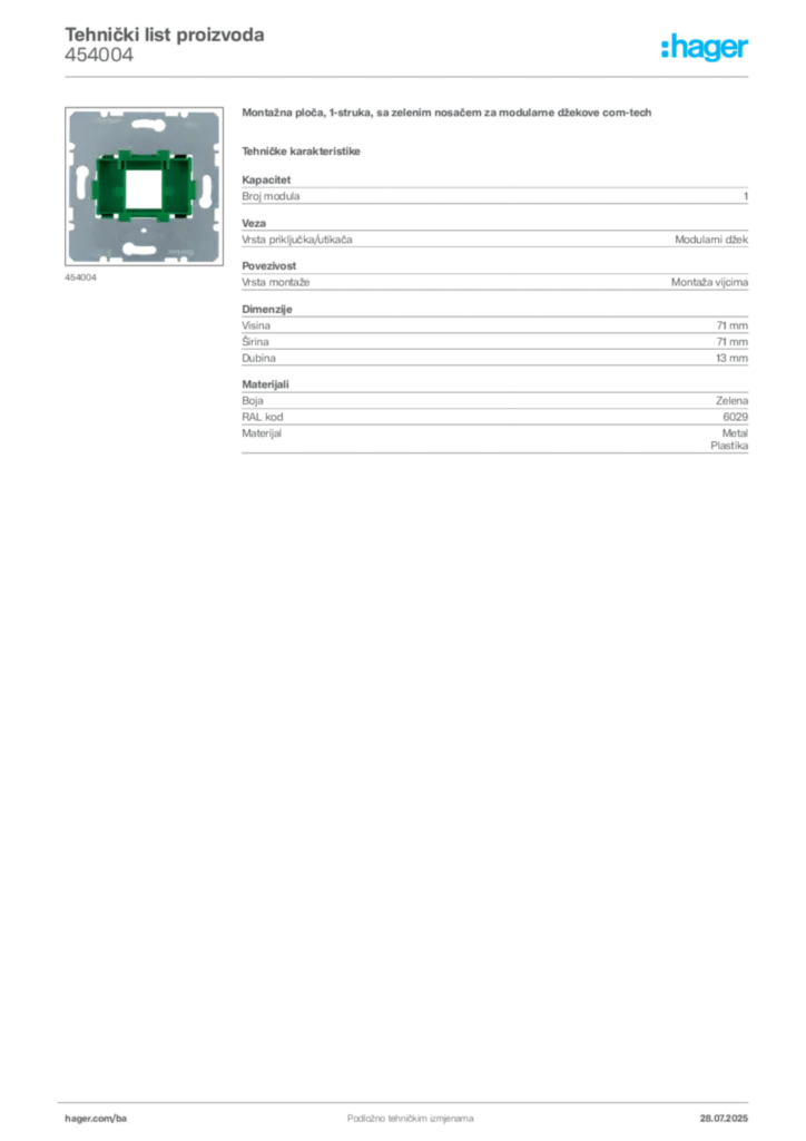 Slika Hager Product data sheet 454004  | Hager