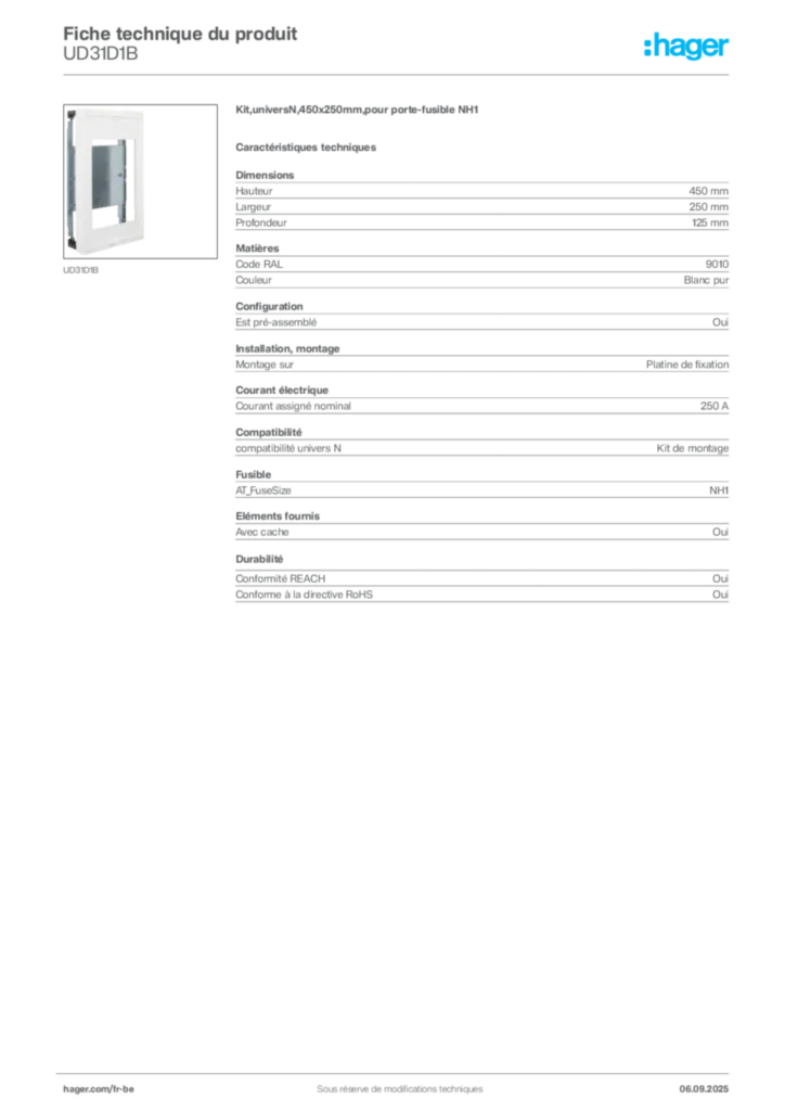 Image Hager Fiche technique du produit UD31D1B | Hager Belgique