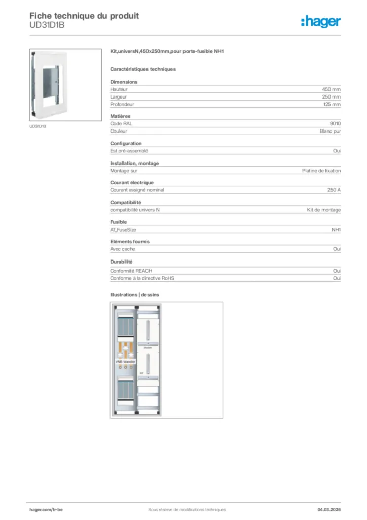 Image Hager Fiche technique du produit UD31D1B | Hager Belgique