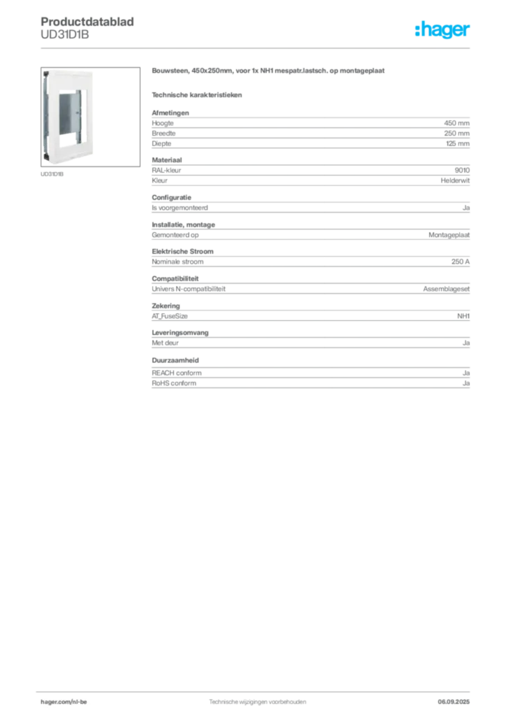 Afbeelding Hager Productdatablad UD31D1B | Hager Belgium