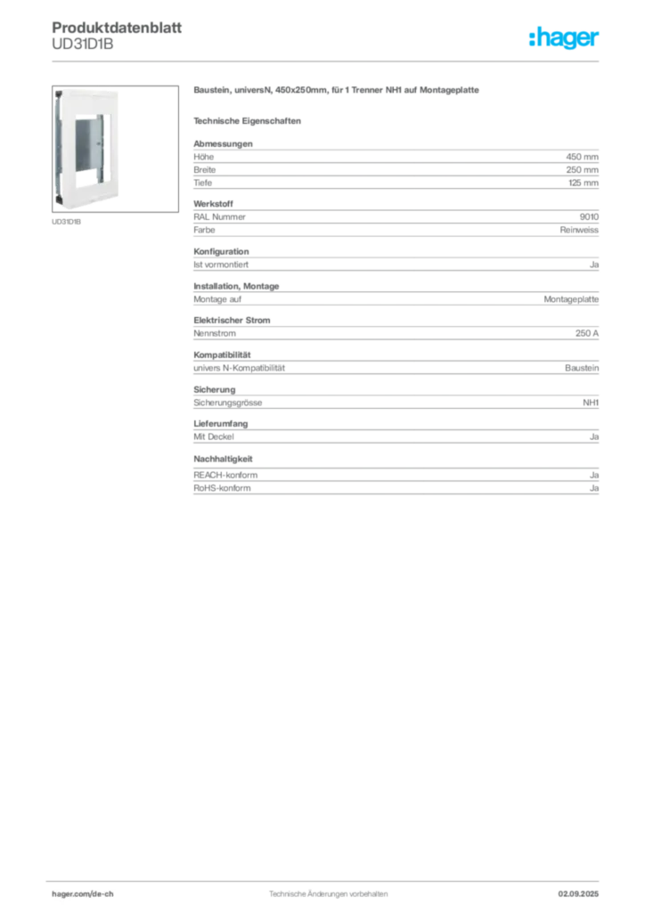 Bild Hager Produktdatenblatt UD31D1B | Hager Schweiz