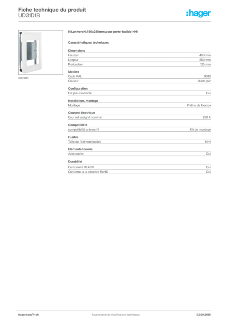 Image Hager Fiche technique du produit UD31D1B | Hager Suisse