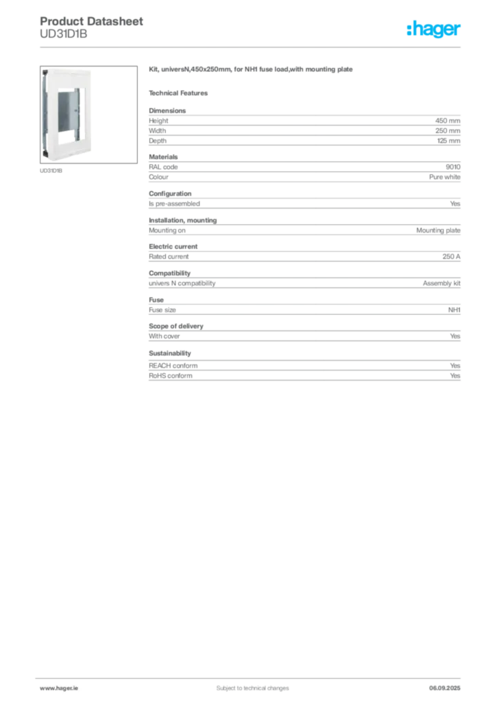 Image Hager Product data sheet UD31D1B  | Hager