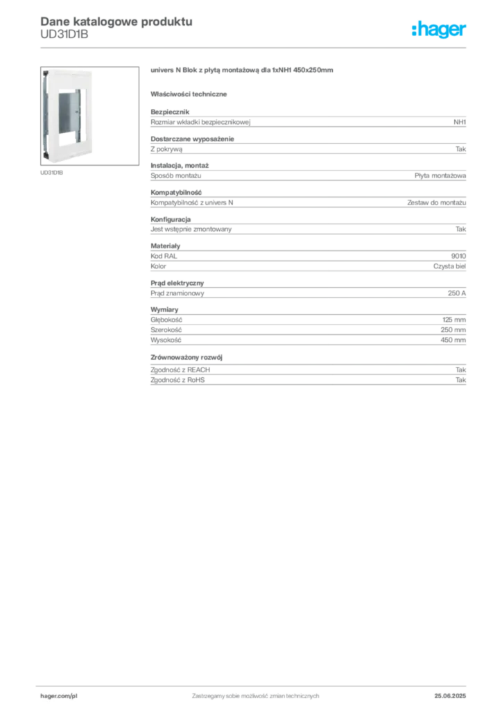 Zdjęcie Hager Dane katalogowe produktu UD31D1B | Hager Polska