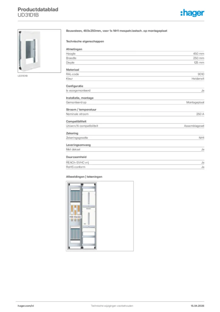 Afbeelding Hager Productdatablad UD31D1B | Hager Nederland