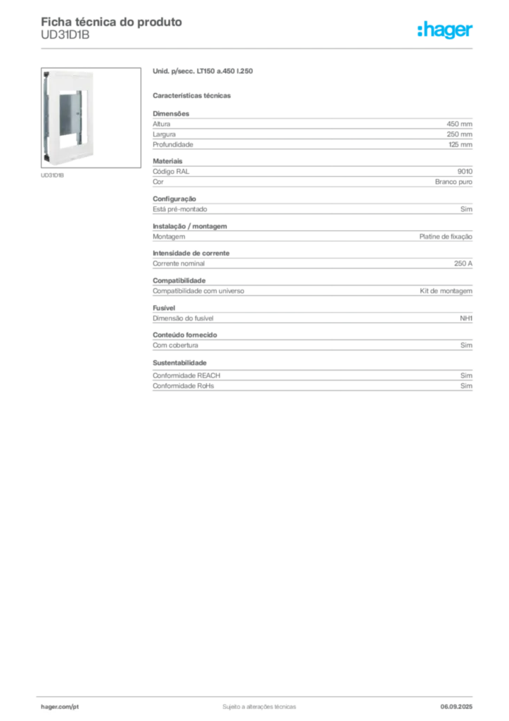 Imagem Hager Ficha técnica do produto UD31D1B | Hager Portugal