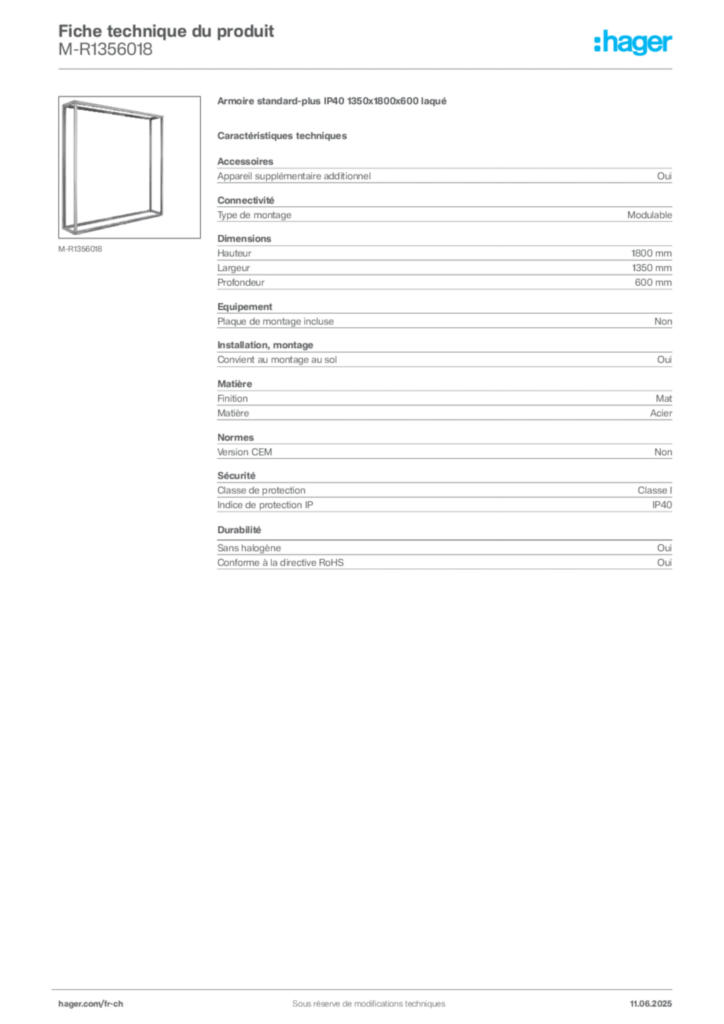 Image Hager Fiche technique du produit M-R1356018 | Hager Suisse