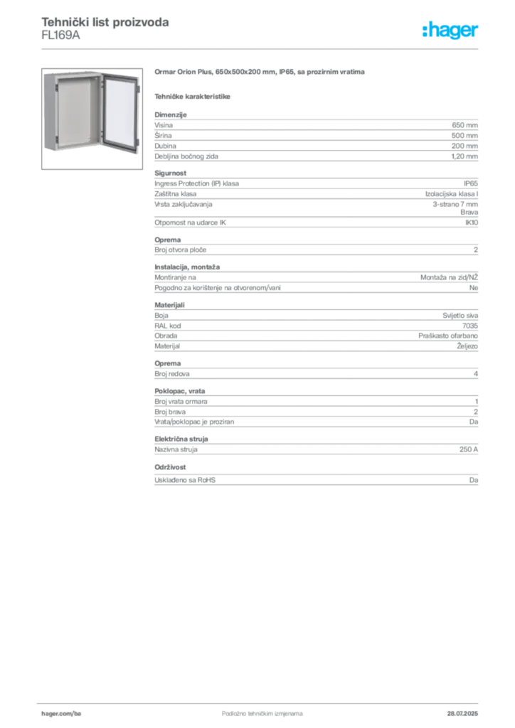 Slika Hager Product data sheet FL169A  | Hager