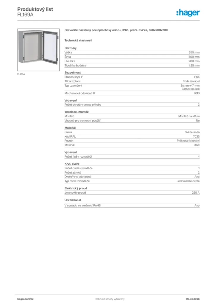 Obrázek Hager Product data sheet FL169A | Hager