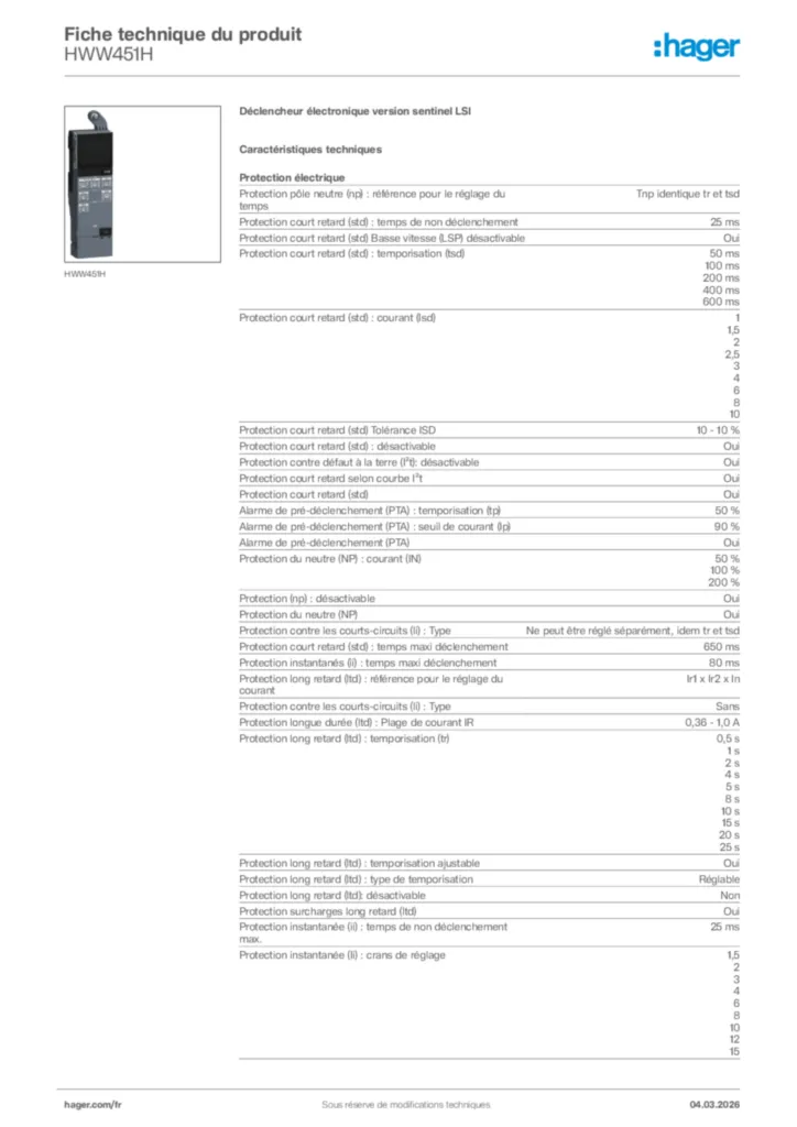 Image Hager Fiche technique du produit HWW451H | Hager France