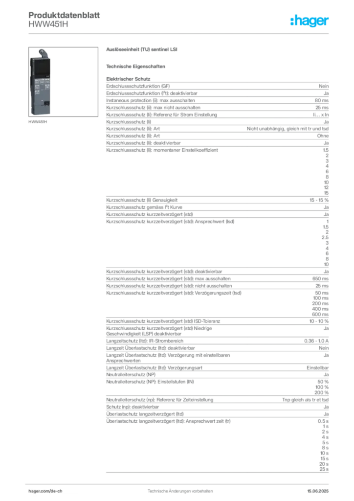 Bild Hager Produktdatenblatt HWW451H | Hager Schweiz