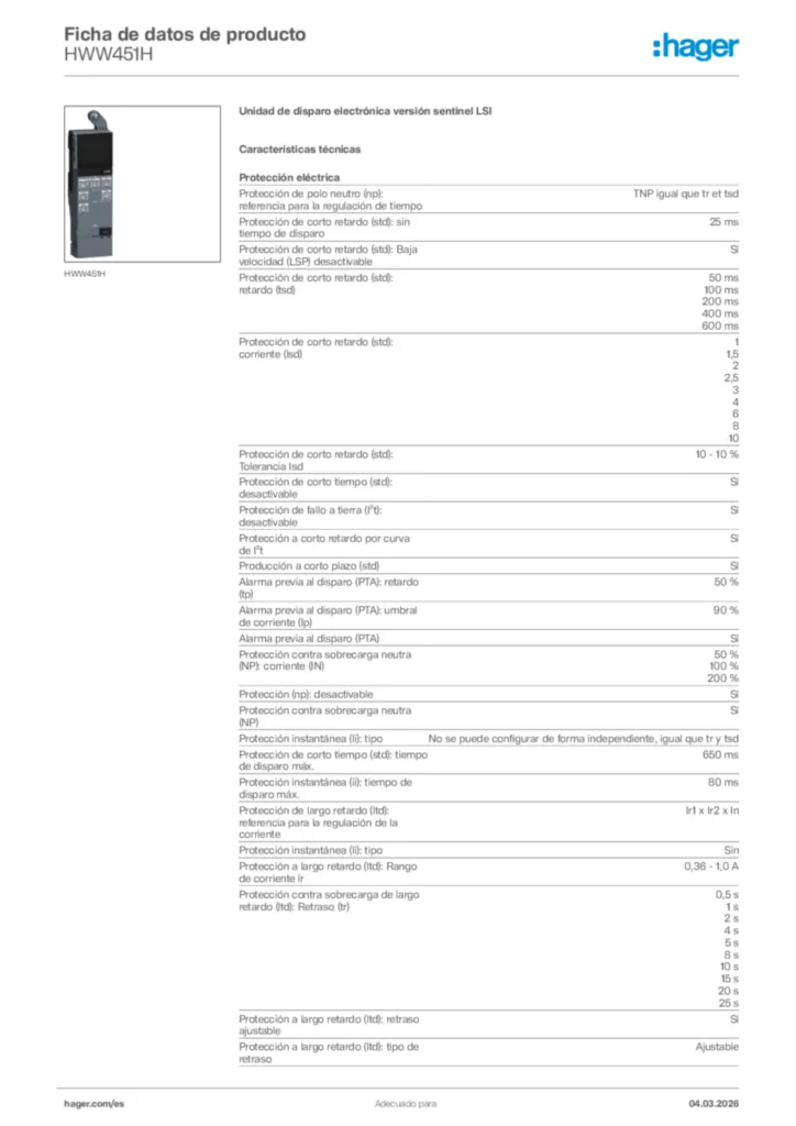 Imagen Hager Ficha de datos de producto HWW451H | Hager España