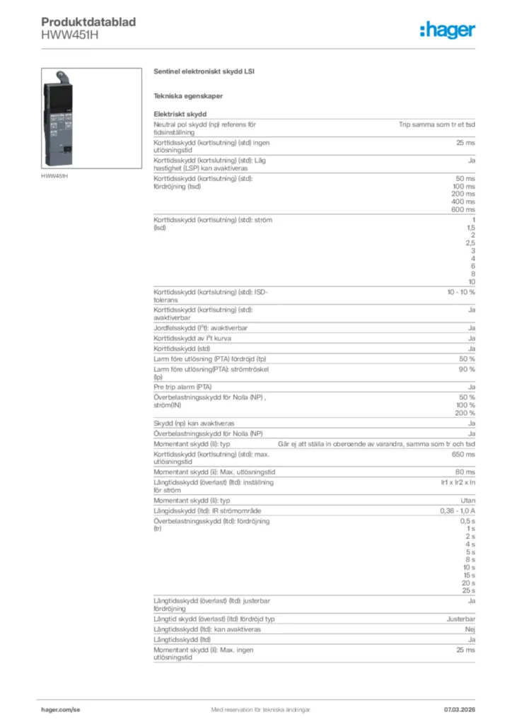 Bild Hager Produktdatablad HWW451H | Hager Sverige
