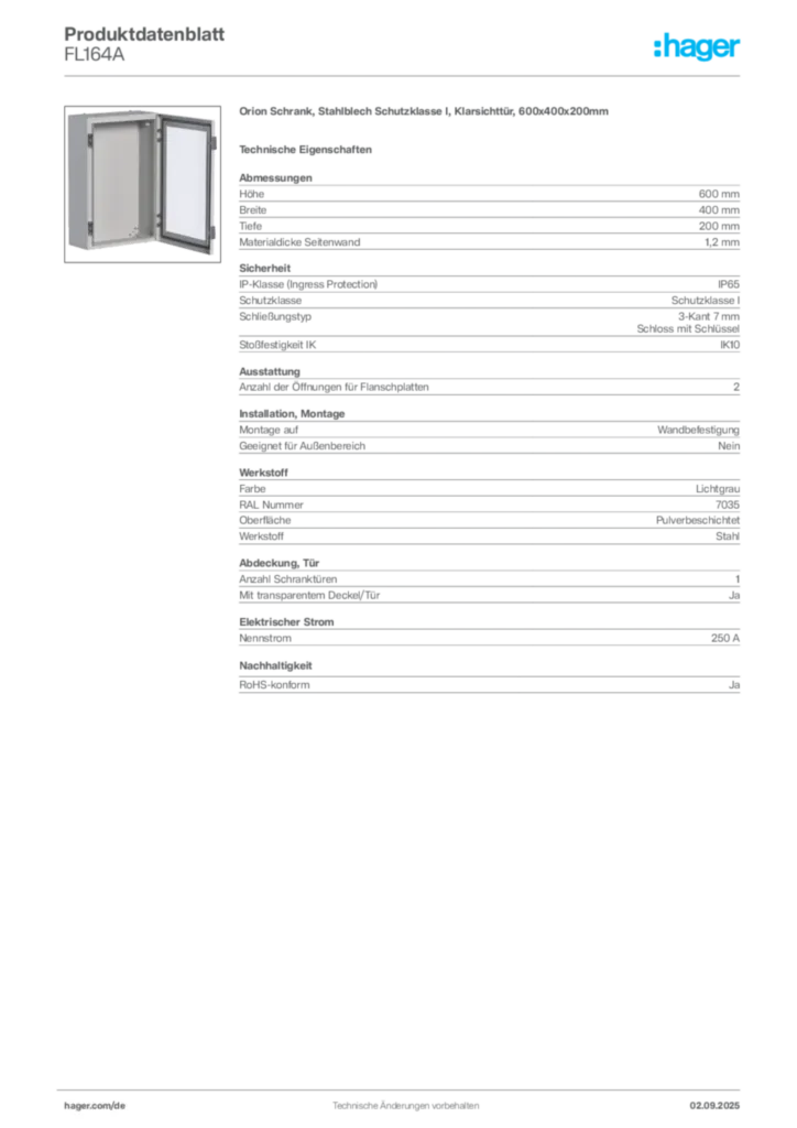 Hager Produktdatenblatt FL164A