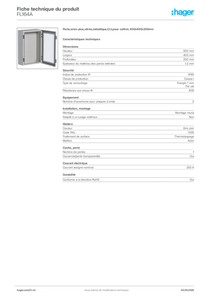 Image Hager Fiche technique du produit FL164A | Hager Suisse