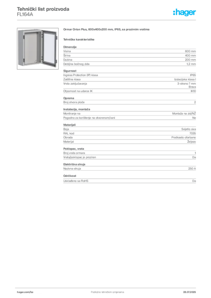 Slika Hager Product data sheet FL164A  | Hager