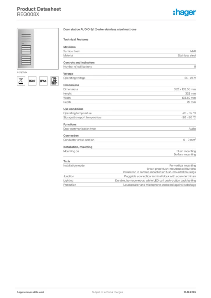 Image Hager Product data sheet REQ008X  | Hager