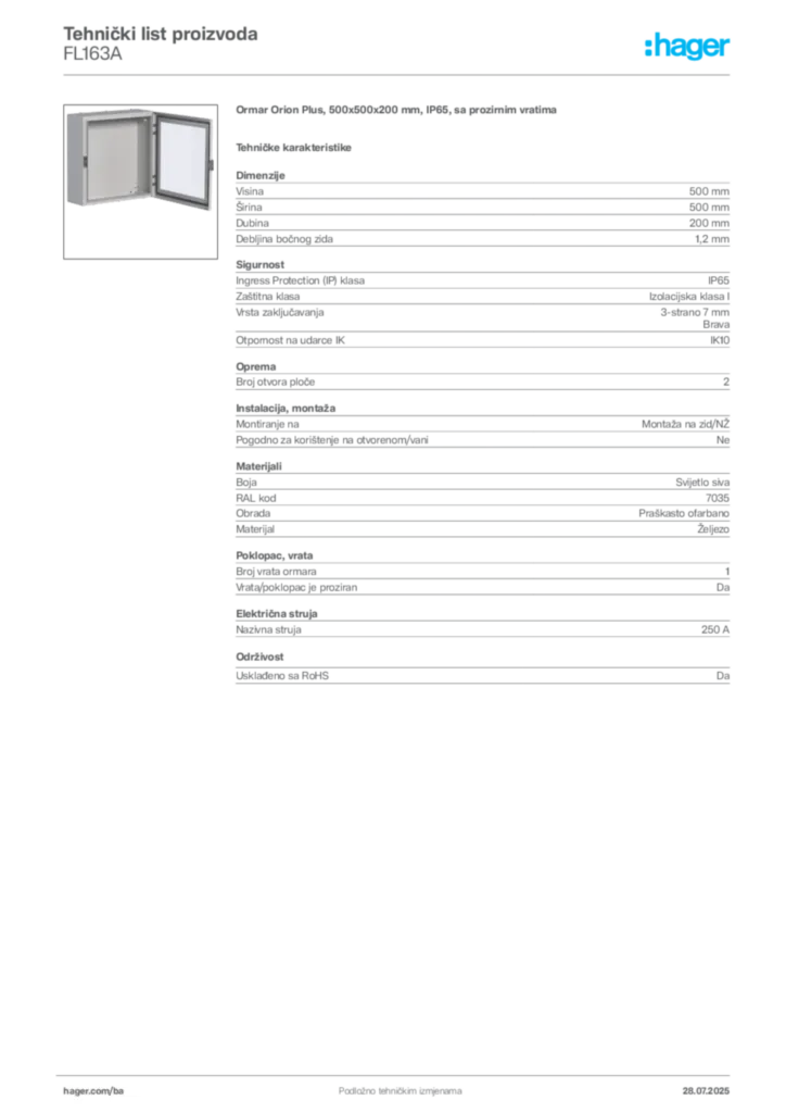 Slika Hager Product data sheet FL163A  | Hager