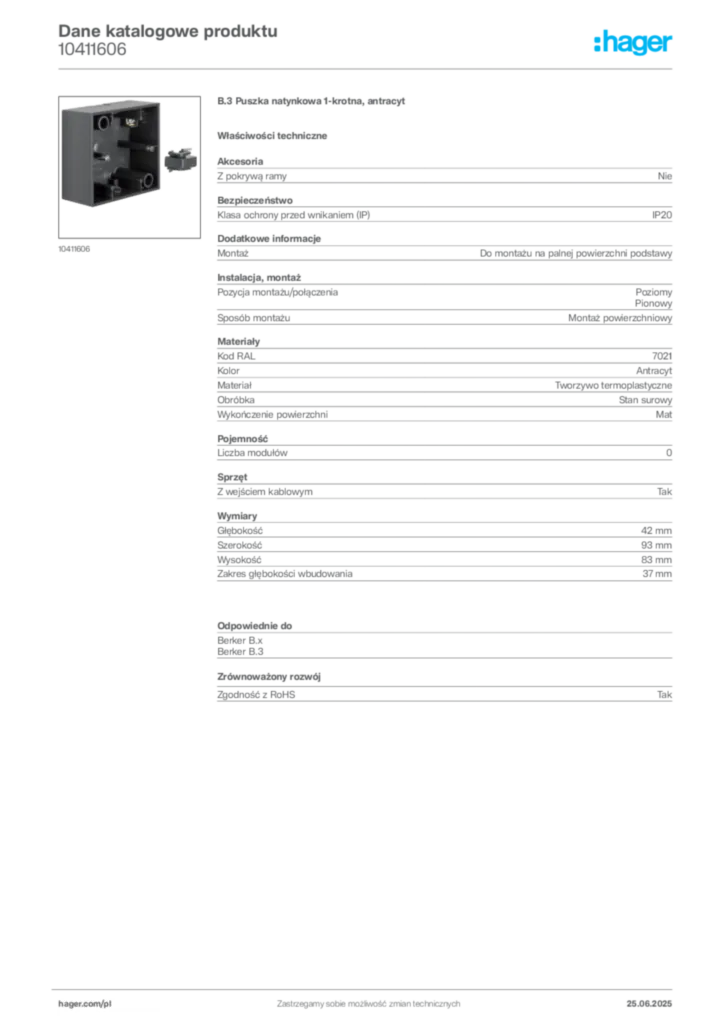 Zdjęcie Hager Dane katalogowe produktu 10411606 | Hager Polska