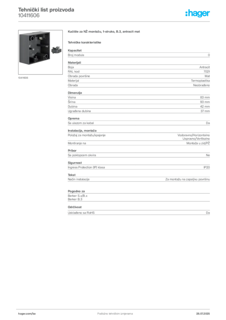 Slika Hager Product data sheet 10411606  | Hager