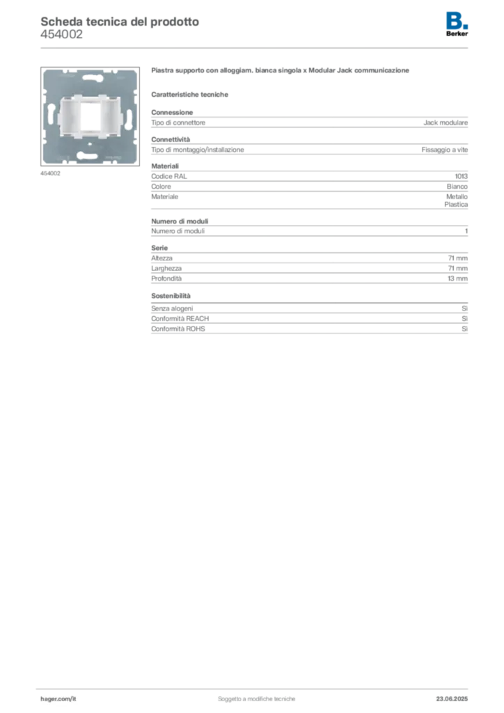 Immagine Berker Scheda tecnica del prodotto 454002 | Hager Italia