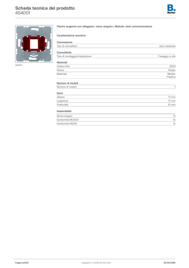 Immagine Berker Scheda tecnica del prodotto 454001 | Hager Italia