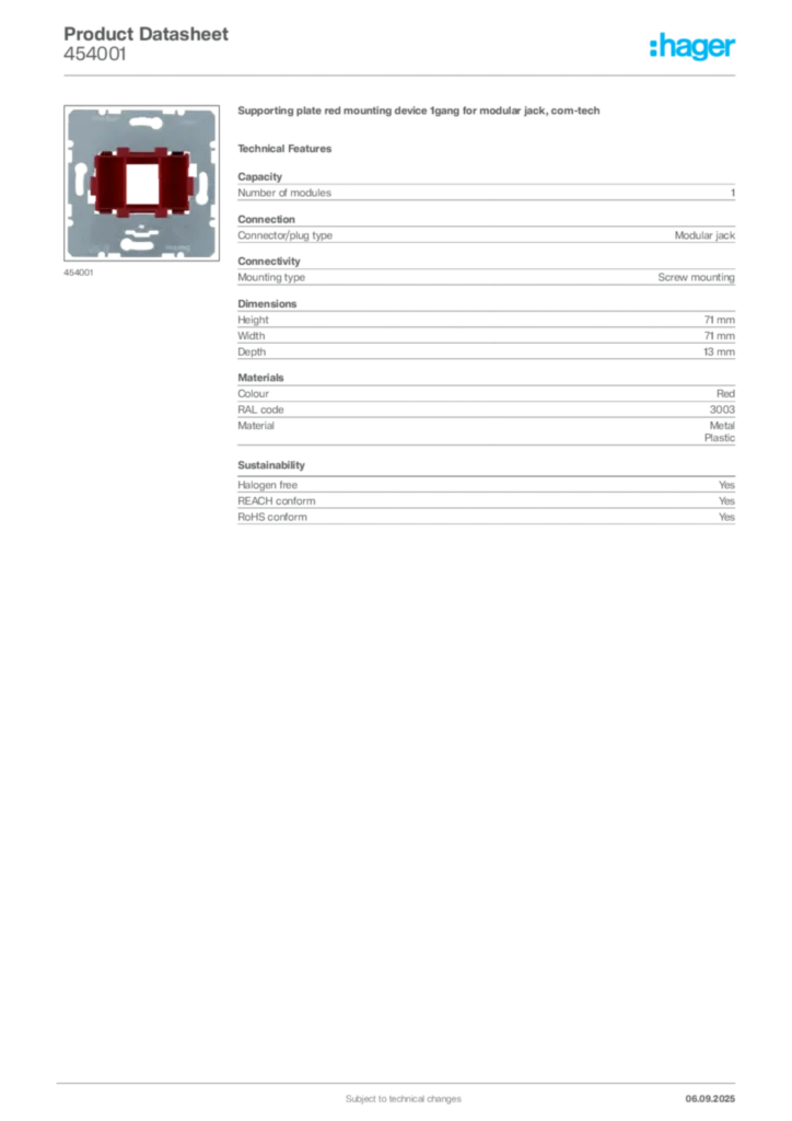 Image Hager Product data sheet 454001  | Hager