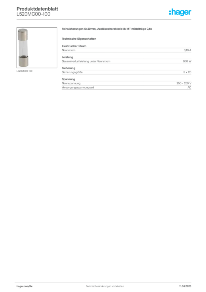 Bild Hager Produktdatenblatt L520MC00-100 | Hager Deutschland