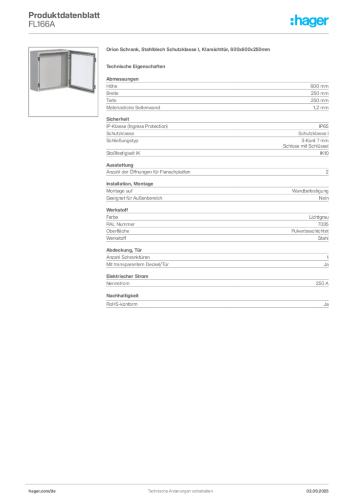 Hager Produktdatenblatt FL166A