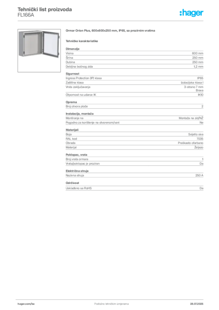 Slika Hager Product data sheet FL166A  | Hager