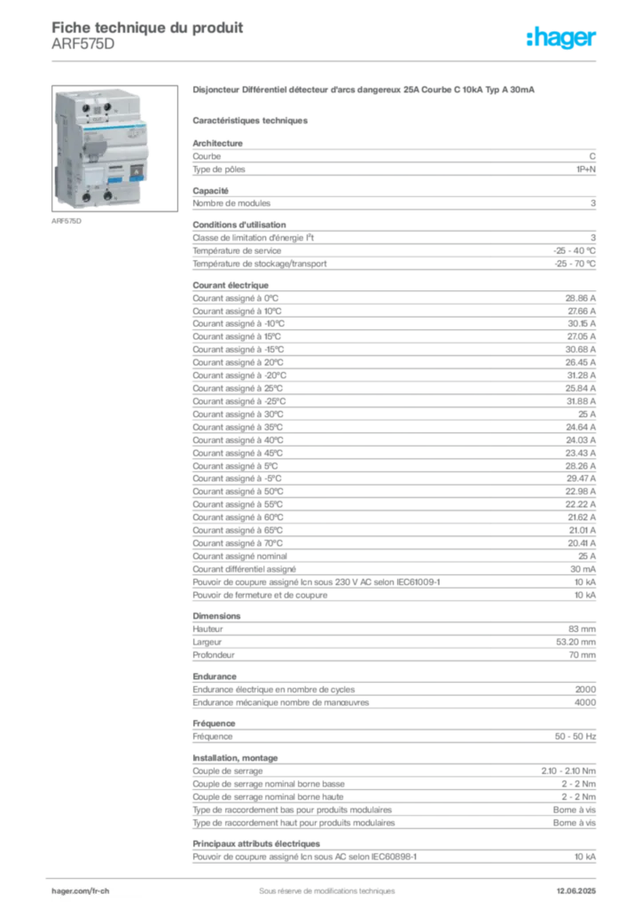 Image Hager Fiche technique du produit ARF575D | Hager Suisse