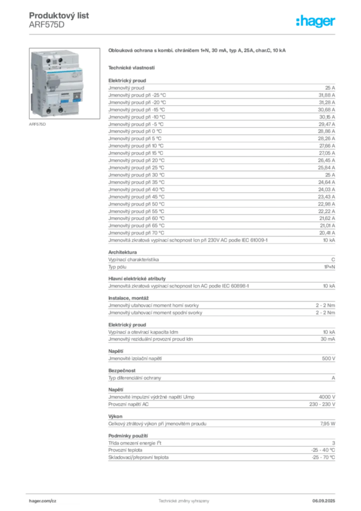 Obrázek Hager Produktový list ARF575D | Hager