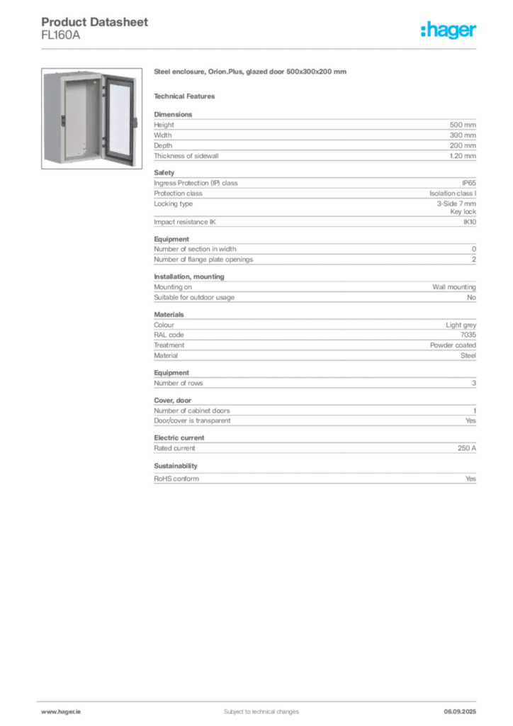 Image Hager Product data sheet FL160A  | Hager