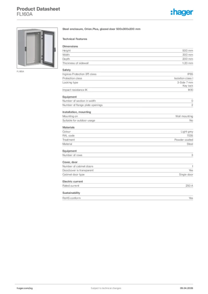 Image Hager Product data sheet FL160A  | Hager