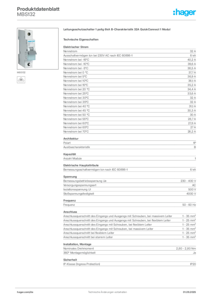 Bild Hager Produktdatenblatt MBS132 | Hager Deutschland
