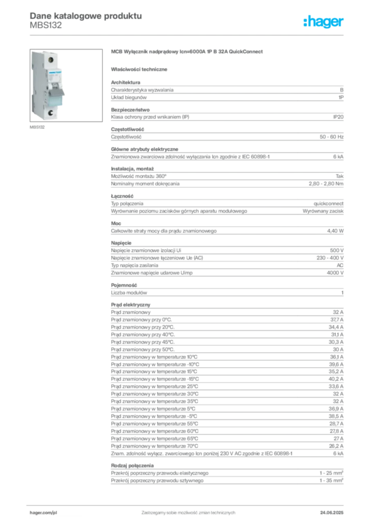 Zdjęcie Hager Dane katalogowe produktu MBS132 | Hager Polska