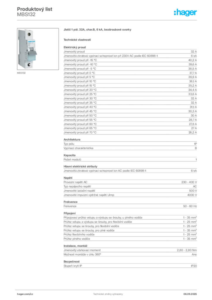 Obrázek Hager Produktový list MBS132 | Hager