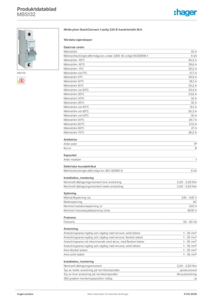 Bild Hager Produktdatablad MBS132 | Hager Sverige