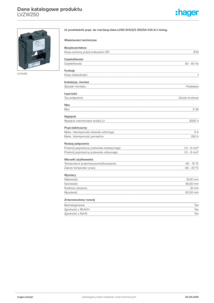 Zdjęcie Hager Dane katalogowe produktu LVZW250 | Hager Polska