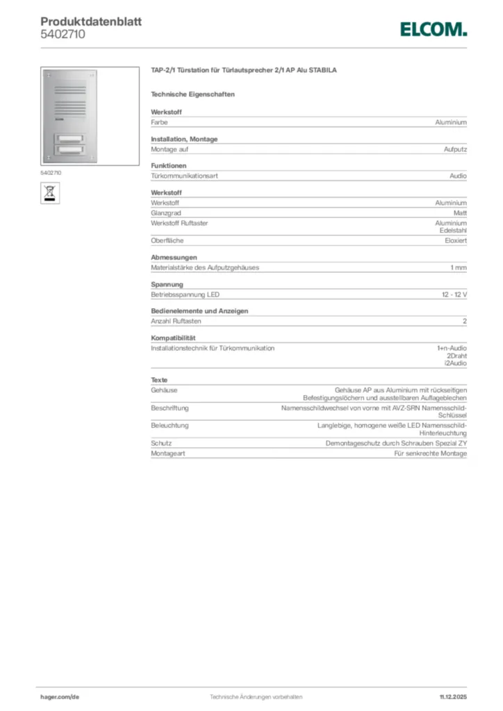 Bild Elcom Produktdatenblatt 5402710 | Hager Deutschland