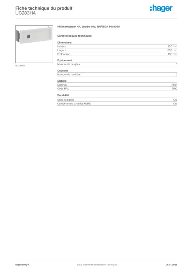 Image Hager Fiche technique du produit UC283HA | Hager France