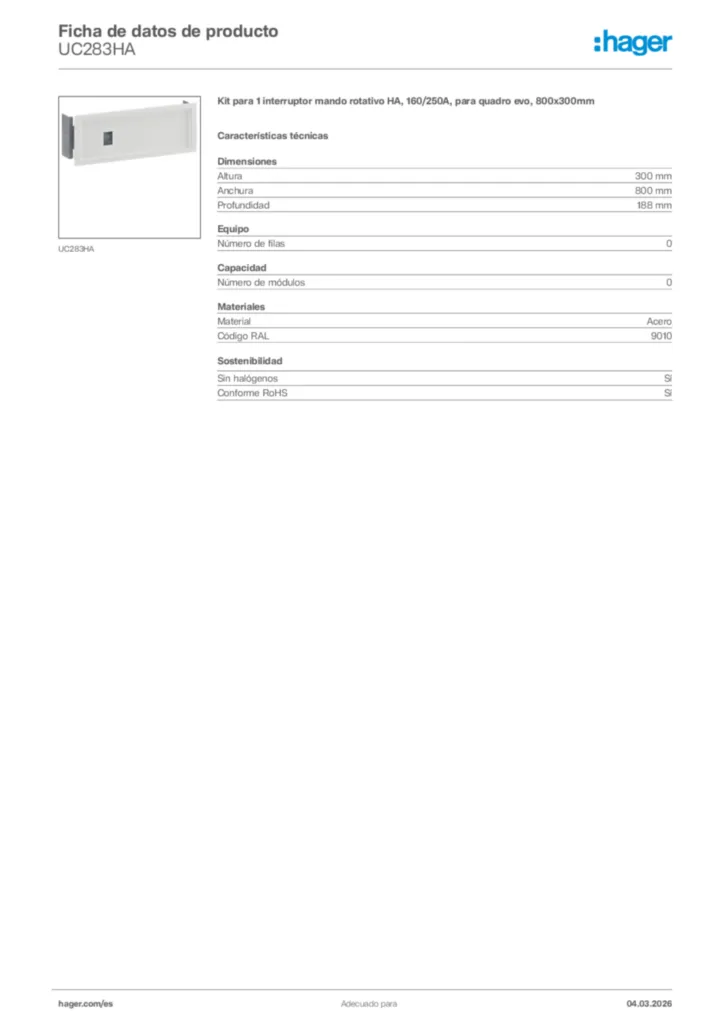 Imagen Hager Ficha de datos de producto UC283HA | Hager España
