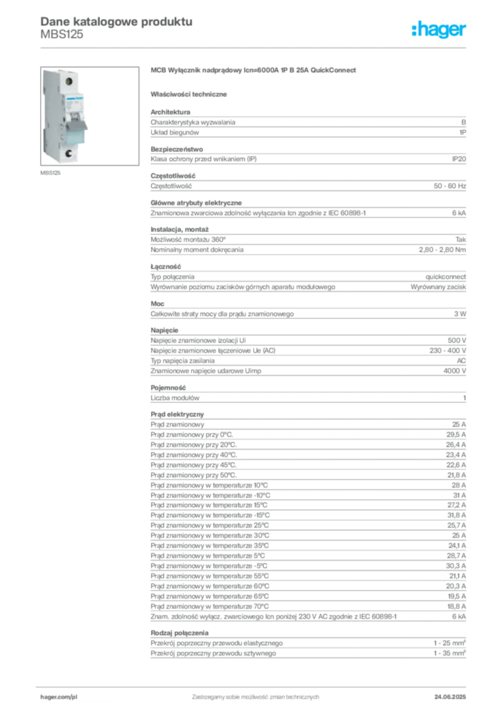 Zdjęcie Hager Dane katalogowe produktu MBS125 | Hager Polska