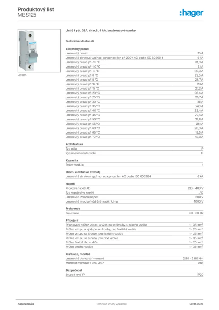 Obrázek Hager Product data sheet MBS125 | Hager